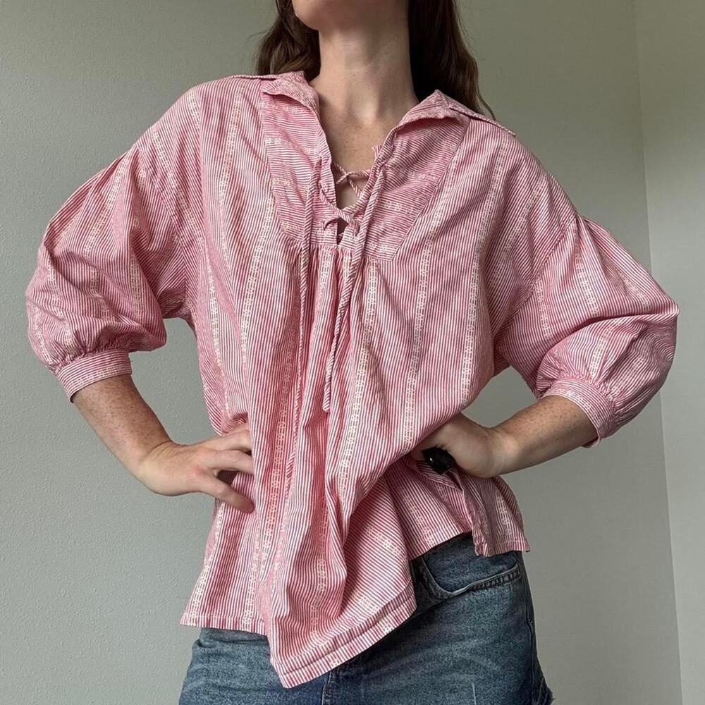 Vintage boho red white striped cotton peasant blouse - Picture 4 of 8